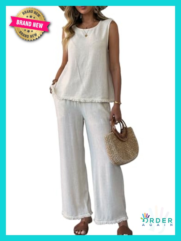 Linen Blend 2 Piece Outfit Sleeveless Tank Wide Leg Pants Set Summer Boho